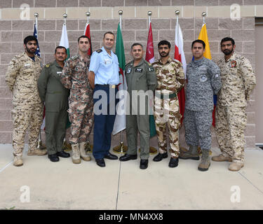 337th Air Control Squadron is a United States Air Force unit assigned to Tyndall Air Force Base, Florida, responsible for training air battle managers in command and control operations. On August 17, 2017, international officers participated in coursework focused on theater air operations and air campaign coordination. The archival image documents a class group assembled outside the squadron facility. Stock Photo
