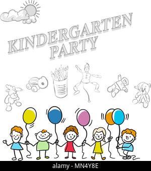 Kindergarten party marketing cover, set of hand drawn a vector drawings. Stock Vector