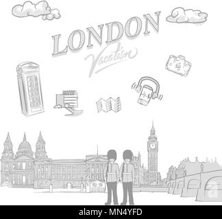 London travel marketing cover, set of hand drawn a vector sketches Stock Vector