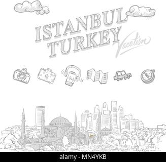 Istanbul travel marketing cover, set of hand drawn a vector sketches Stock Vector