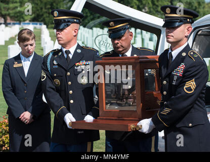 The remains of U.S. Army Air Forces Staff Sgt. William 'Blootie' Turner are transferred from funeral coach to the memorial garden, during the interment service for Turner, Aug. 22, 2017, at the Nashville National Cemetery located in Madison, Tenn. Turner was aboard a B-26 Marauder in December 1943, when the plane, nicknamed 'Hell's Fury,' was shot down killing all on board except the pilot. After years of painstaking work, Turner's remains were positively identified and he was given proper military burial honors. (U.S. Army photo by Master Sgt. Brian Hamilton/ released) Stock Photo