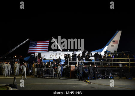 Three Americans who were freed from North Korean prison, May 9, 2018 are welcomed home by President of the United States Donald J. Trump and First Lady Melania Trump, as numerous media outlets jockey for a position to capture the historical moment at Joint base Andrews, Md. on May 10, 2018. An 89th Airlift Wing C-40 high-priority personnel transport aircraft carried Kim Dong-chul, Tony Kim and Kim Hak-song from North Korea to Anchorage, Alaska where the plane refueled before arriving at JBA around 3 a.m. EST. The men were accompanied by Secretary of State Mike Pompeo who made the flight back w Stock Photo