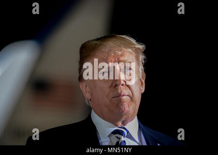 President of the United States Donald J. Trump speaks to the press at Joint Base Andrews, Md., May 10, 2018 upon the return of three Americans who were freed from North Korean prison on May 9, 2018. Kim Dong-chul, Tony Kim and Kim Hak-song arrived at JBA on board an 89th Airlift Wing C-40 high-priority personnel transport aircraft at 3 a.m. EST. President Trump, First Lady Melania Trump and senior military officials greeted the men as they arrived home. (U.S. Air Force photo/Staff Sgt. Kenny Holston) Stock Photo