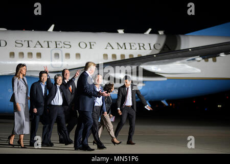 Three Americans who were freed from North Korean prison, May 9, 2018 are welcomed home by President of the United States Donald J. Trump, First Lady Melania Trump, Vice President Mike Pence, his wife Karen Pence and Secretary of State Mike Pompeo as the freed men arrive at Joint base Andrews, Md. on May 10, 2018. An 89th Airlift Wing C-40 high-priority personnel transport aircraft carried Kim Dong-chul, Tony Kim and Kim Hak-song from North Korea to Anchorage, Alaska where the plane refueled before arriving at JBA around 3 a.m. EST. The men were accompanied by Secretary of State Mike Pompeo who Stock Photo
