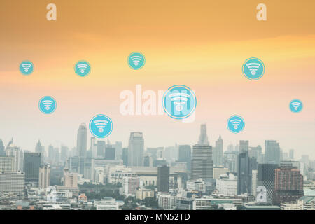 comprehensive social connection  and internet around the city, mixed media with network icon Stock Photo