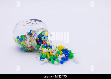 Pile of plastic notice board push pins on a white background Stock Photo