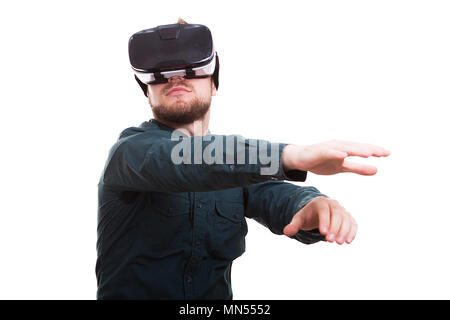 Man wearing a VR headset with his hands in the air Stock Photo