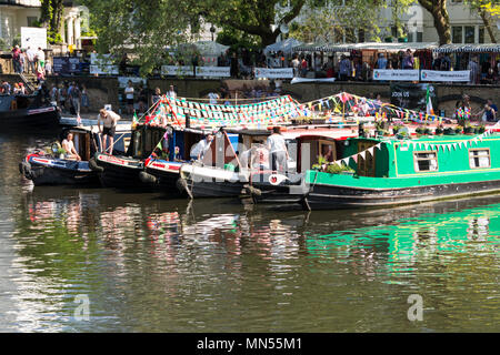 Canal boats in the Canalway Cavalcade waterways festival in London's Little Venice. Stock Photo