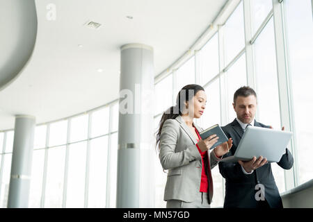 Waist up portrait of successful modern businesswoman talking to partner in office and using laptop standing by window, copy space Stock Photo