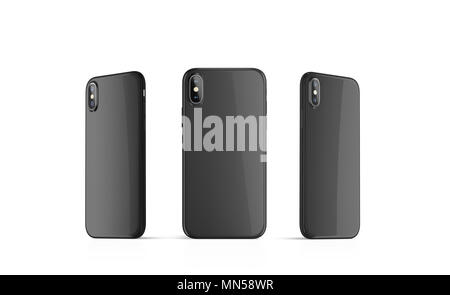 Blank black phone case mock up, stand isolated, 3d rendering. Back, right and left side smartphone cover mockup ready for logo or pattern print presen Stock Photo