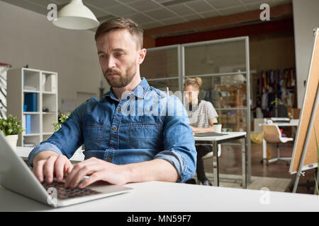 Portrait of handsome bearded businessman wearing casual clothes  using laptop sitting at desk in modern open space office, young colleague behind him, Stock Photo