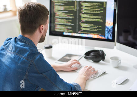 Back view portrait of contemporary web developer writing code for program sitting at desk and working on startup project in modern office, copy space Stock Photo