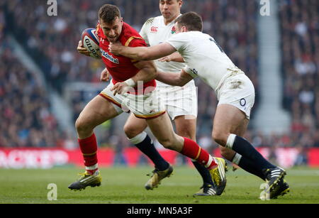 Gareth Davies is caught by George Ford during the RBS 6 Nations match between England v Wales at Twickenham Stadium. London, England. 12 March 2016 Stock Photo