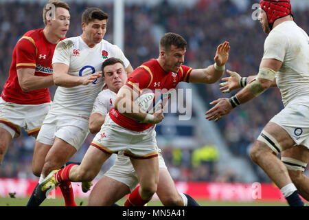 Gareth Davies is caught by George Ford during the RBS 6 Nations match between England v Wales at Twickenham Stadium. London, England. 12 March 2016 Stock Photo