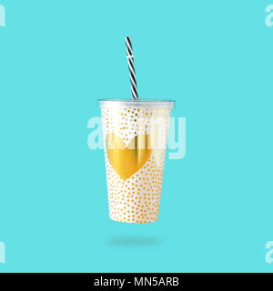 minimalism concept. white plastic cup with gold heart decoration for soda or cold beverage with drinking straw Stock Photo