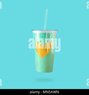 minimalism concept. mint plastic cup with gold heart decoration for soda or cold beverage with drinking straw Stock Photo