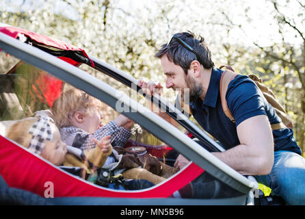 A father looking at two toddler children sitting in jogging stroller outside in spring nature. Stock Photo