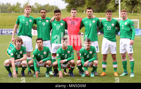 Ireland team group (top row left-right) Nathan Collins, Adam Idah, Tyreik Samuel Wright, Ireland goalkeeper James Hugh Corcoran, Oisin McEntee, Troy Parrot, Kameron Ledwidge (bottom row left-right) Luca John Connell, Sean Brennan, Barry Coffey, Jason Knight during the UEFA European U17 Championship, Group C match at St George's Park, Burton. Stock Photo