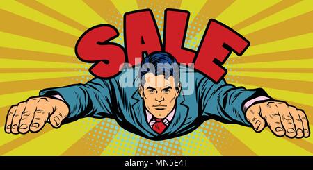 Serious businessman flies, sales. Pop art retro vector illustration comic cartoon kitsch drawing Stock Vector