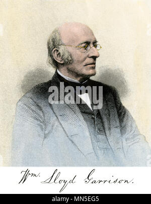 William Lloyd Garrison, portrait with autograph. Hand-colored engraving Stock Photo