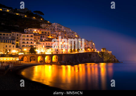 Night view of Amalfi on coast line of mediterranean sea, Italy Stock Photo