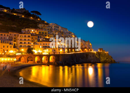 Night view of Amalfi on coast line of mediterranean sea, Italy Stock Photo