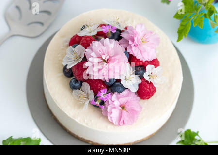 Summer berry vegan cheesecake.  This homemade, raw cake is decorated with raspberries, blueberries, and fresh flowers and makes a delicious dessert. Stock Photo