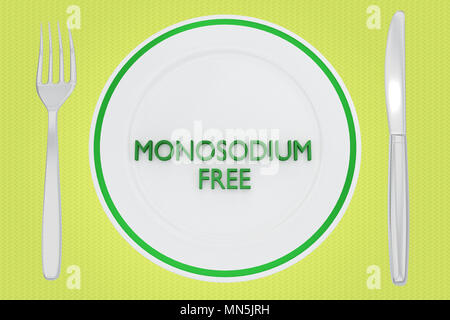 3D illustration of MONOSODIUM FREE title on a white plate, along with silver knif and fork, on a pale green background. Stock Photo