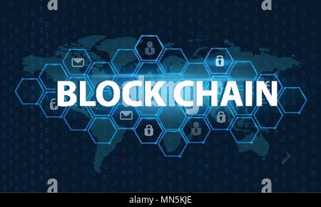 Bitcoin block chain World map security system Digital currency Financial business in the online world Stock Vector