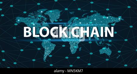Bitcoin block chain World map security system Digital currency Financial business in the online world Stock Vector
