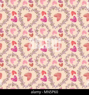 Hearts and Floral Wreaths Seamless Pattern on Peach Background. Pink Floral and Watercolor Hearts Seamless Rapport for Background, Print, and Textile. Stock Photo