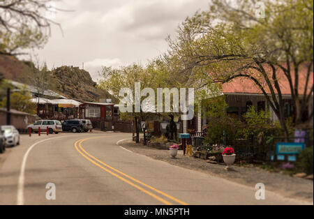 Street scene in Madrid, New Mexico. Historic Turquoise Trail and Route 66, scenic byway between Santa Fe and Albuquerque, NM. Stock Photo