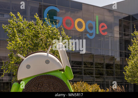 Mountain View, California, USA - April 30, 2018: Google's Silicon Valley corporate headquarters, Mountain View, Northern California, USA. Stock Photo