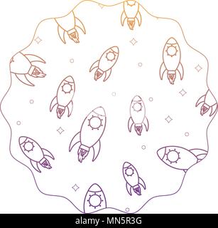 circular frame with space rockets pattern over white background, vector ...