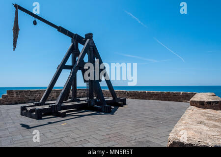 ancient catapult on the ramparts of Alghero in spring Stock Photo