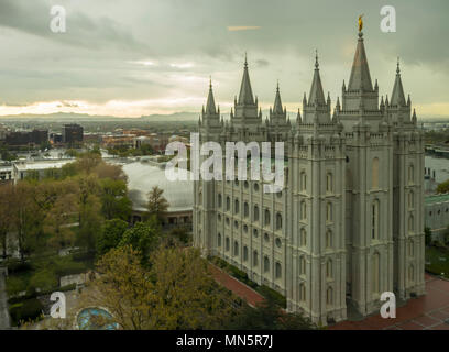 Salt Lake Temple and tabernacle on a damp day in springtime. Church of Jesus Christ of Latter-day Saints, Temple Square, Salt Lake City, Utah, USA. Stock Photo