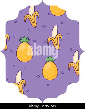 arabic frame with bananas and pineapples pattern over white background, vector illustration Stock Vector