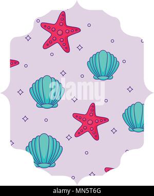 arabic frame with seashells and sea stars pattern over white background, vector illustration Stock Vector