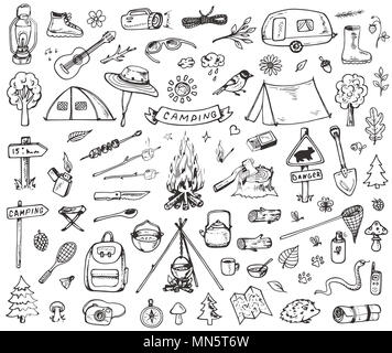 Set of doodle forest camping design elements. Hand drawn illustrations isolated on a white background. Stock Photo