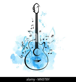 Abstract music poster with guitar and notes on a blue watercolor background. Stock Photo