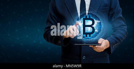 Bitcoin block chain World map security system Digital currency Financial business in the online world Stock Photo