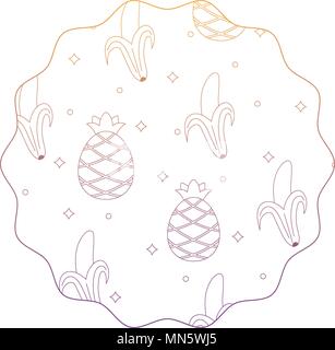 circular frame with pineapples and bananas pattern over white background, vector illustration Stock Vector