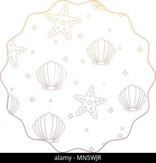 decorative circular frame with seashell and sea stars pattern over white background, vector illustration Stock Vector