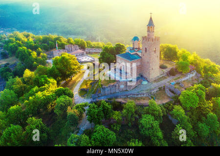 Aerial sunrise view of Tsarevets Fortress in Veliko Tarnovo in a beautiful summer day, Bulgaria 2018. Stock Photo