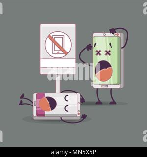cartoon worried smartphones on no mobile zone over gray background, colorful design. vector illustration Stock Vector