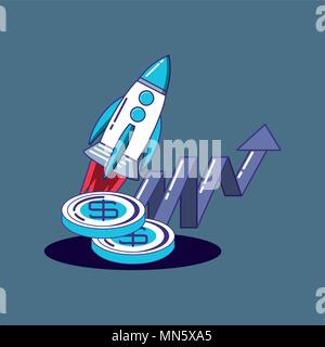 rocket with money coins and financial arrows over blue background, colorful design. vector illustration Stock Vector