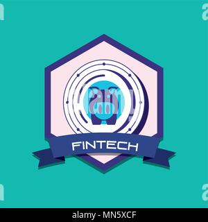 emblem of fintech concept with piggy bank icon over turquoise background, colorful design. vector illustration Stock Vector