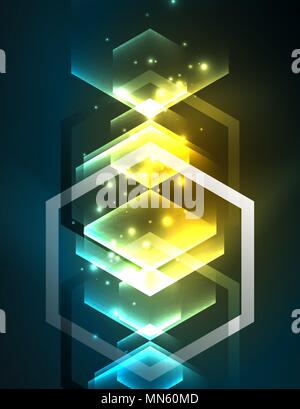 Techno glowing glass hexagons vector background. Techno glowing glass hexagons vector background, futuristic dark template with neon light effects and simple forms Stock Vector