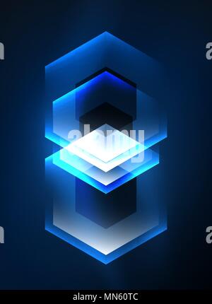 Techno glowing glass hexagons vector background. Techno glowing glass hexagons vector background, futuristic dark template with neon light effects and simple forms Stock Vector