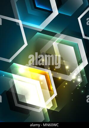 Techno glowing glass hexagons vector background. Techno glowing glass hexagons vector background, futuristic dark template with neon light effects and simple forms Stock Vector